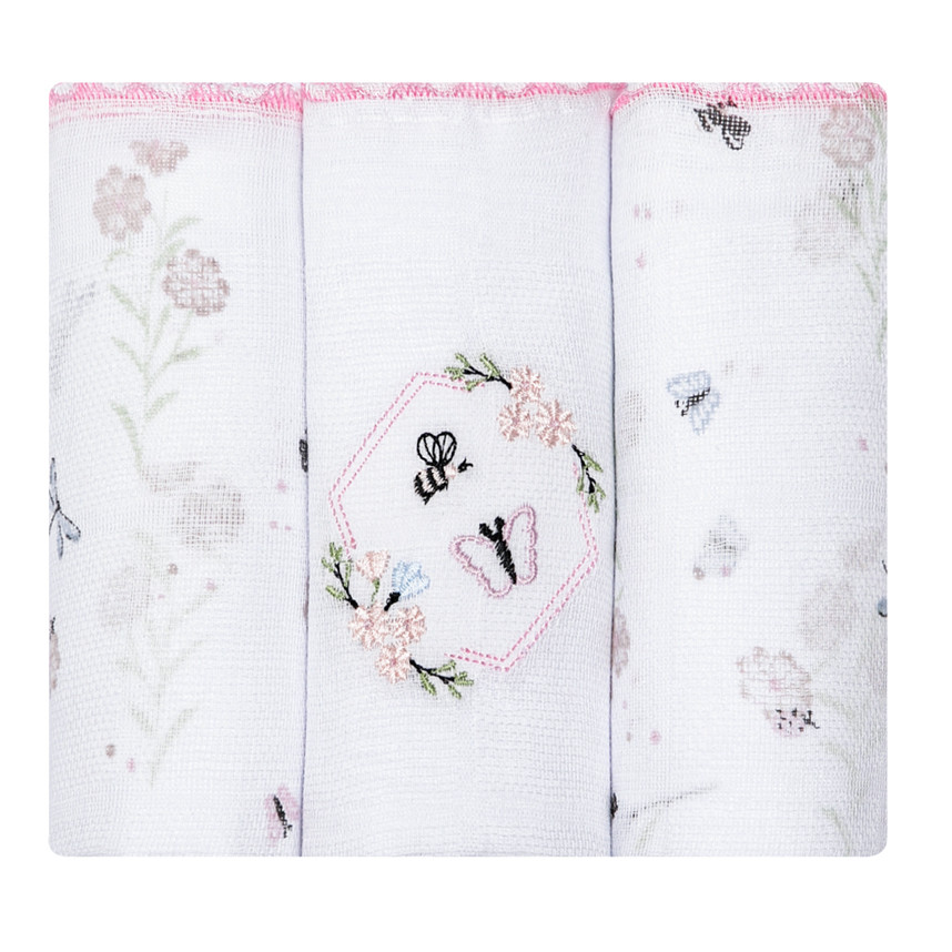Kit Fralda Papi Bordado E Estampa Floral Borboleta - 3 Peças
