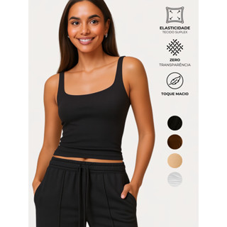 Regata Feminina Decote Quadrado Alcinha Suplex Premium Não Fica Transparente Forro Interno Confortável P ao GG em Oferta na Shopee