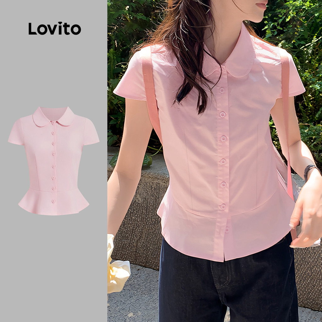 Lovito Blusa Casual de Manga Ruffle com Textura Botões para Primavera/verão Rosa Feminina L139AD103