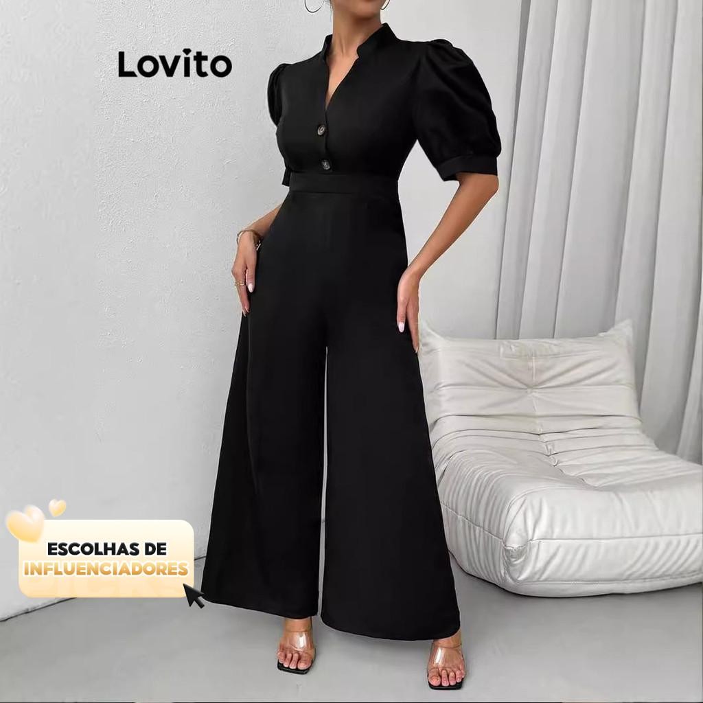 (KOL‘s pick) Lovito Macacão elegante de botões simples para mulheres LNL87007 em Oferta na Shopee