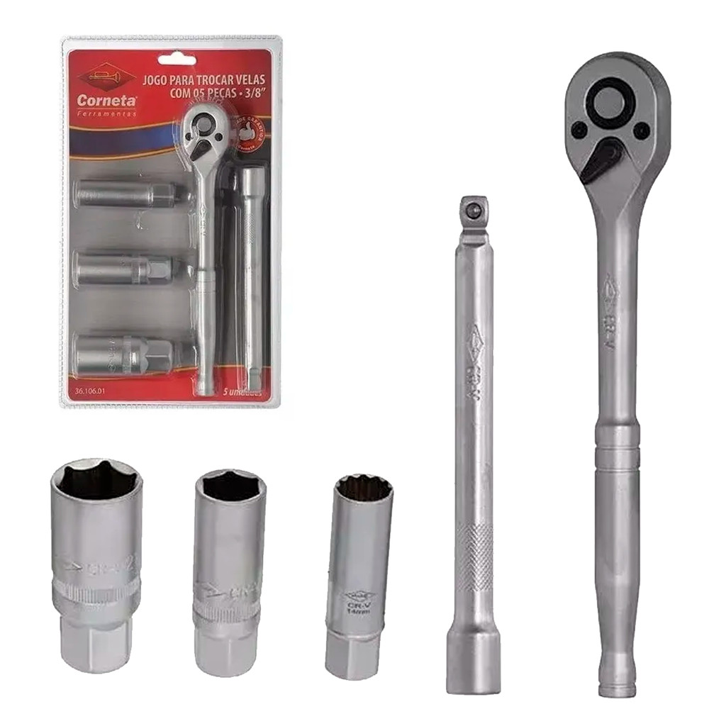 Kit Jogo De Soquetes Para Velas 3/8Pol. Com 5 Peças Manutenção Automotiva Profissional - CORNETA
