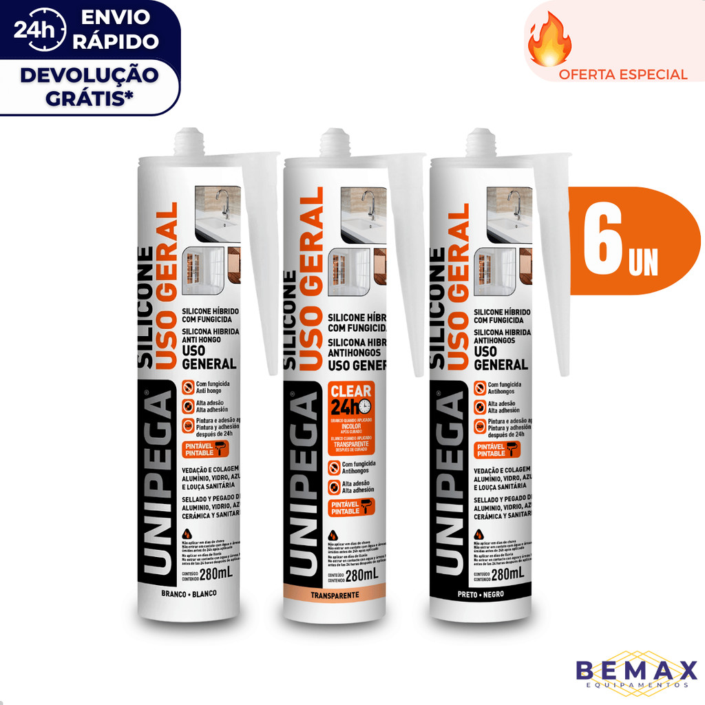 Kit 6 Silicone Hibrido Com Fungicida Uso Geral Vedação Cola Multiuso Vidro Azulejo Box Unipega 280ml