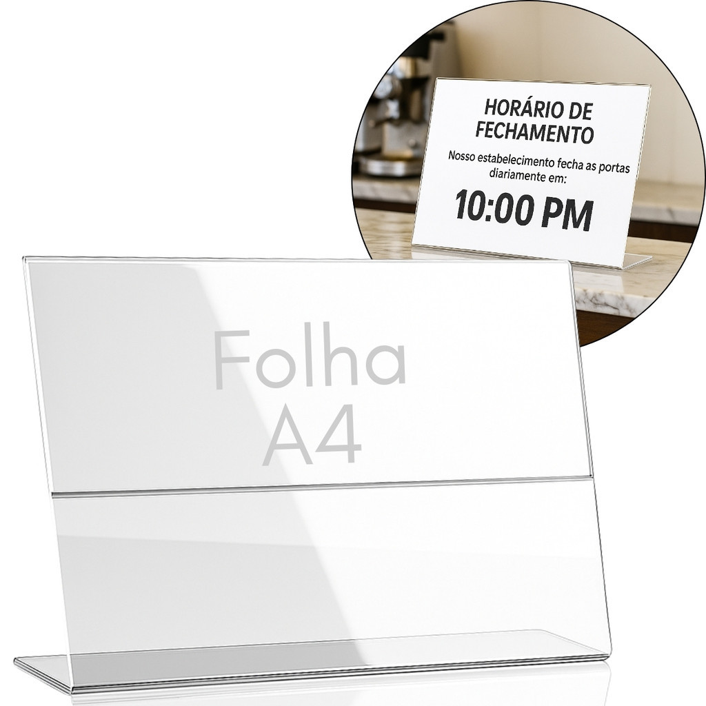 Expositor Avisos Folha A4 Display Pix QR Code Menu Cardapio Aviso Horizontal Transparente