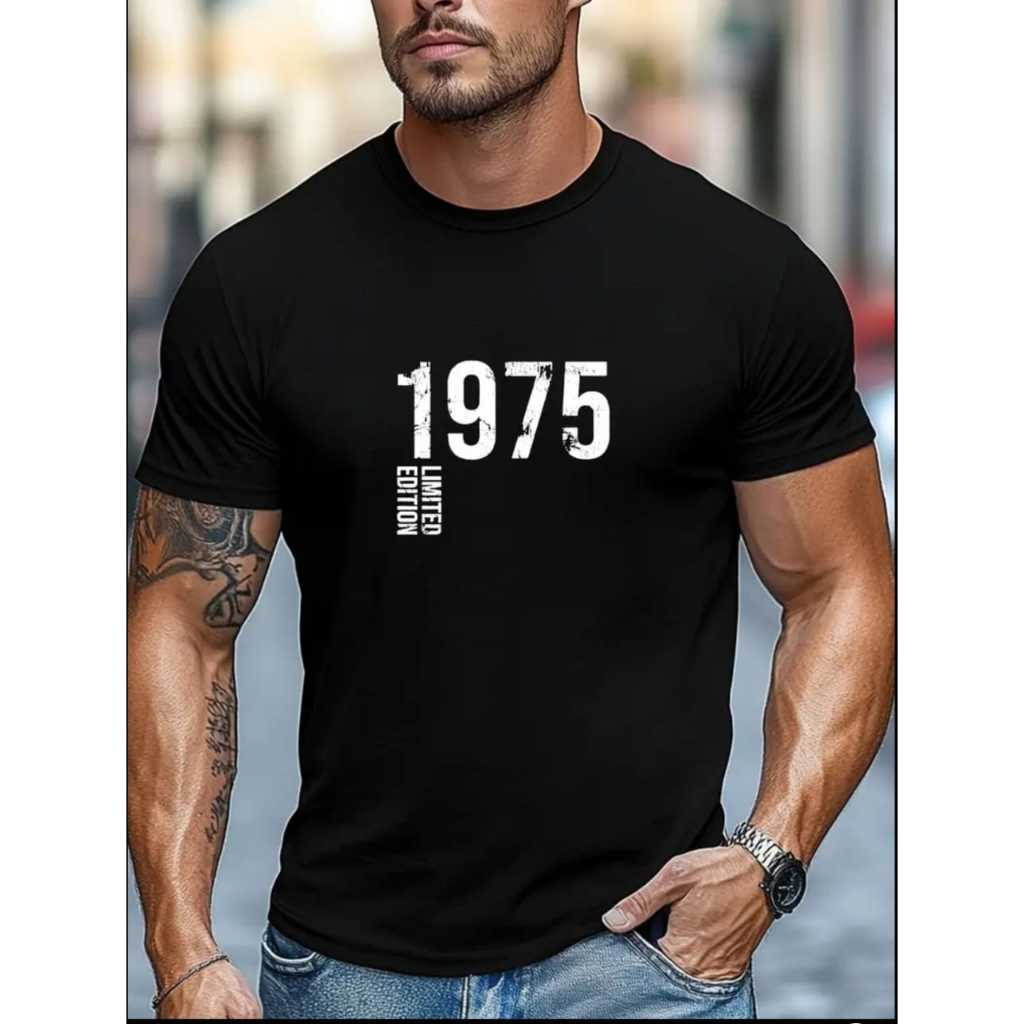 Camiseta Masculina 1975 De Manga Curta, Decote Redondo, Estampa De Letra, Casual, Verão Lançamento