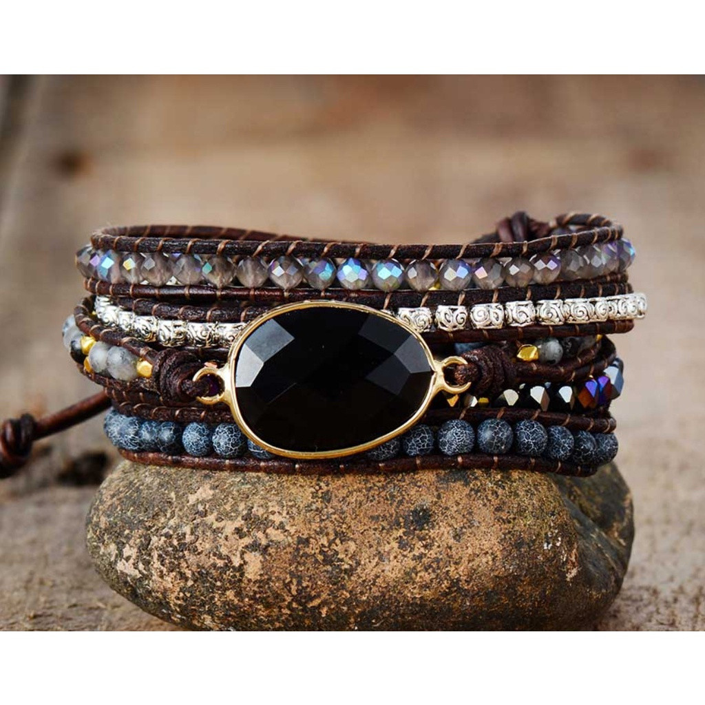 Pulseira em Forma de Lágrima com Pedra Preta 5 Fios Envolvidos em Ágata Couro Joias de Arte em Cristal em Oferta na Shopee