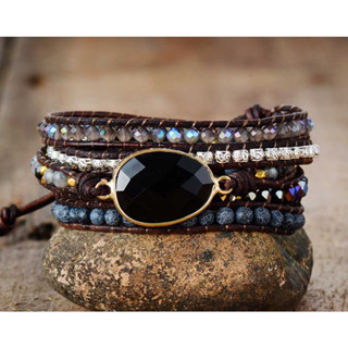 Pulseira em Forma de Lágrima com Pedra Preta 5 Fios Envolvidos em Ágata Couro Joias de Arte em Cristal em Oferta na Shopee