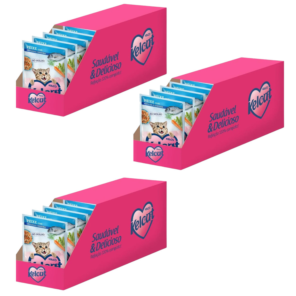 Kit 3 Caixas com 20un Ração Úmida Kelcat Sachê Peixe, Ervilha e Cenoura 85g