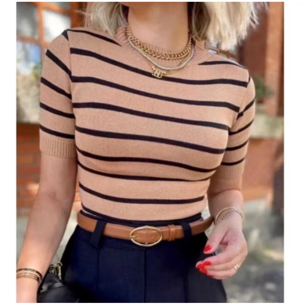 Blusa Feminina Tricô Modal Listrada Manga Curta Casual em Oferta na Shopee