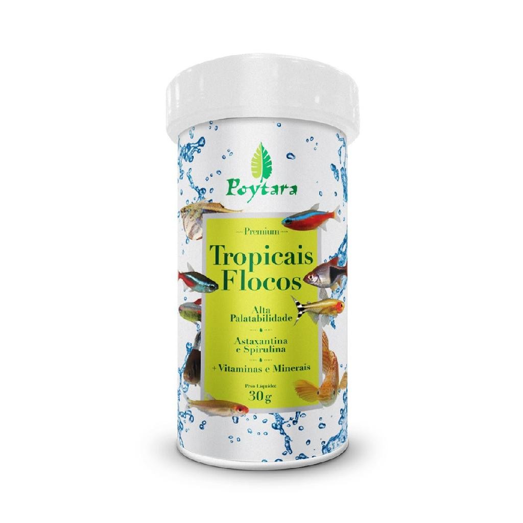 Ração Poytara Tropicais Flocos para Peixes Tropicais Porte Pequeno 30g