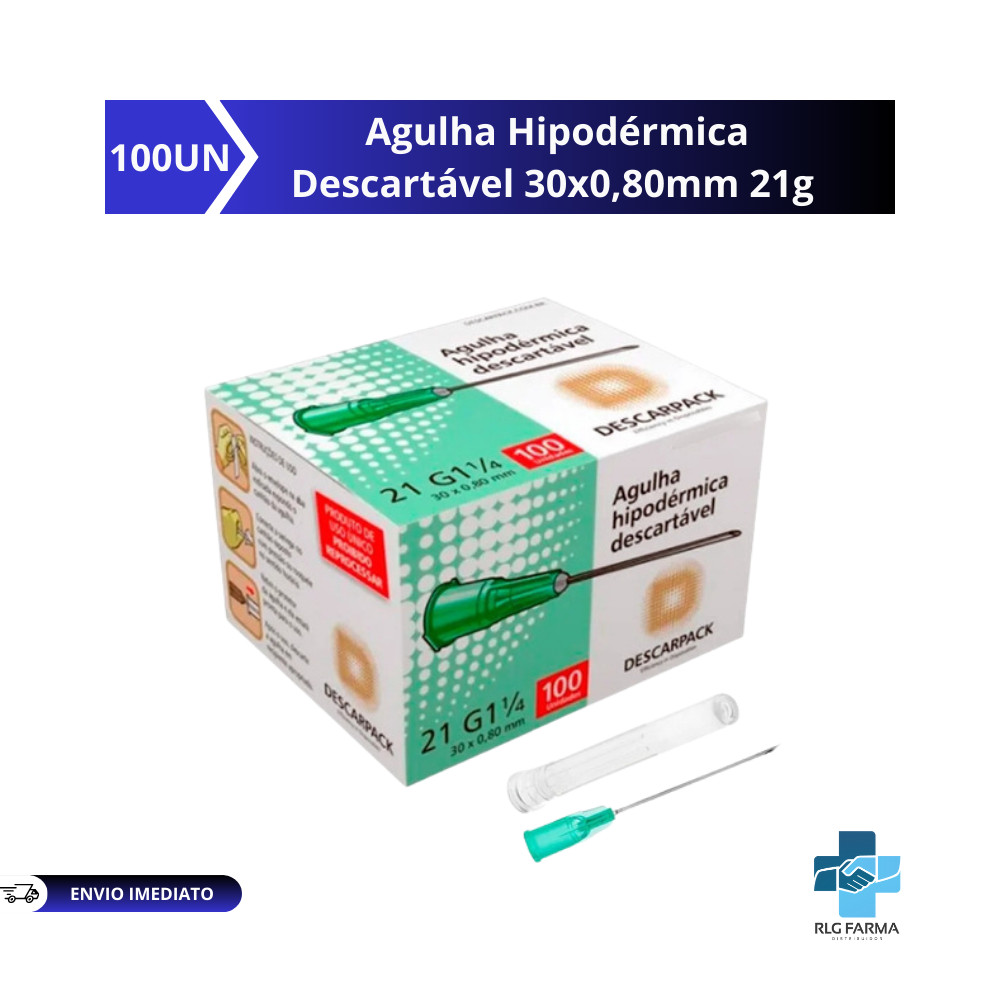 Agulha Hipodérmica Descartável 30x0,80mm 21g (Verde) Caixa C/100 - Descarpack — imagem 2 de 2