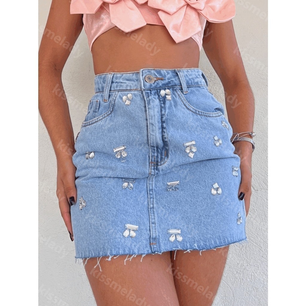 Lukasjeans 171 saia Jeans feminino alça poliamida saia casual com bolso com brilho 171
