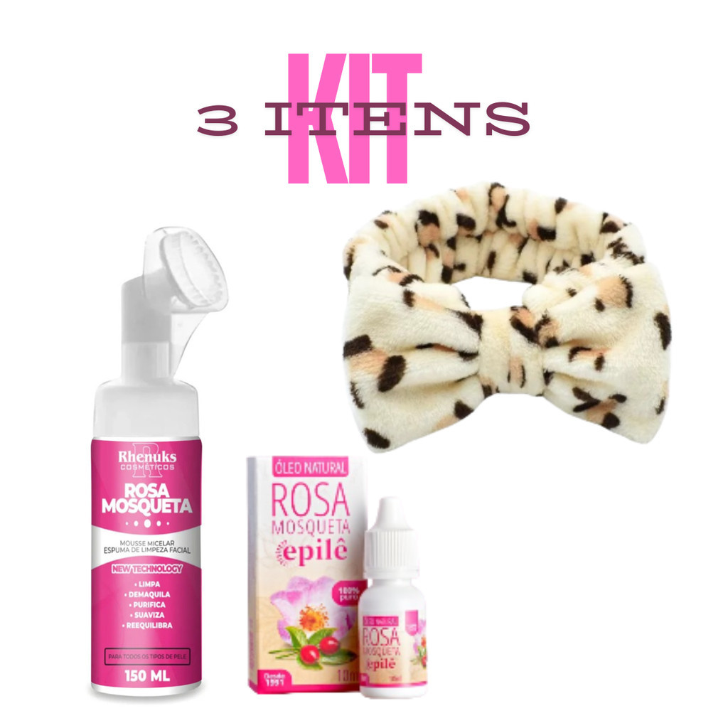 KIt Mousse Micelar Espuma de Limpeza Facial Rosa Mosqueta 150ml + Epile + Faixa Make