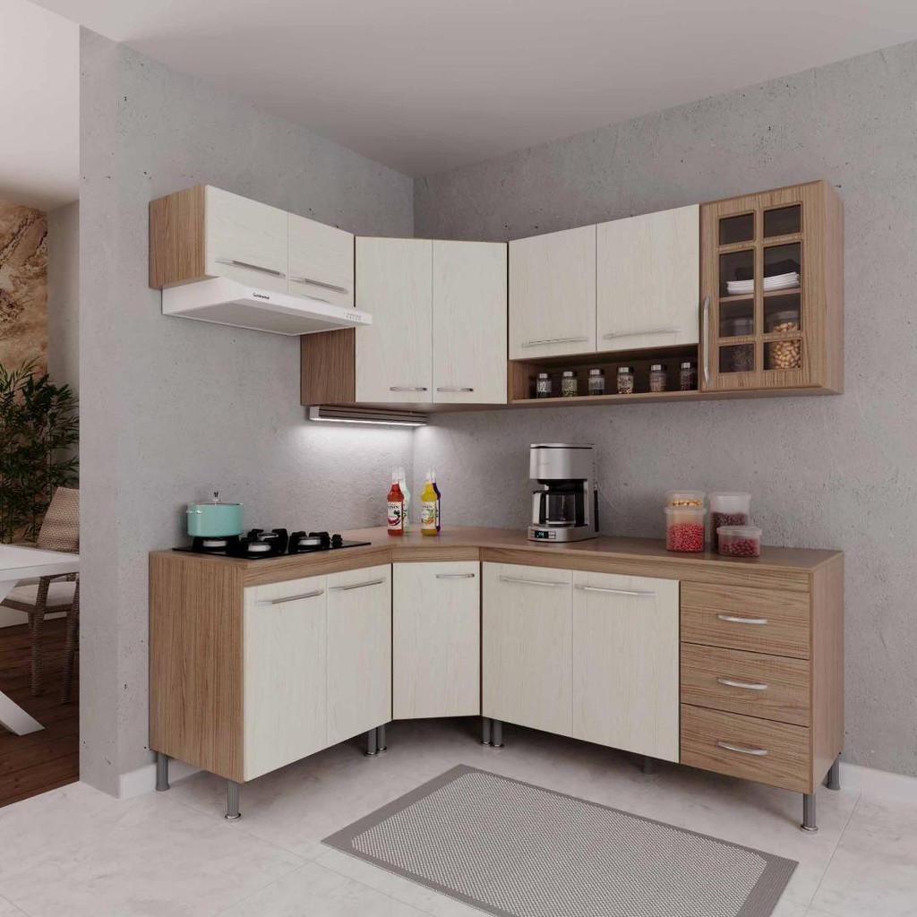 Cozinha Modulada Completa Fidelitá Paris 6 Peças 340cm 12 Portas 3 Gavetas Com Tampo Nogal/Salinas - Home & Living