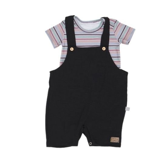 Jardineira em Tecido Baby Gut com Body ou Camiseta Listrada