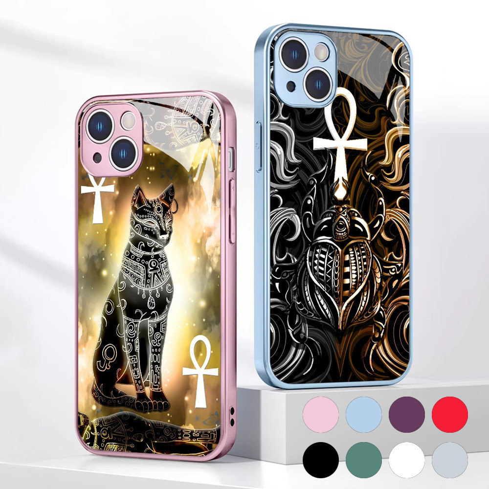 Gato Antigo Egípcio Deus bastet Vidro Temperado Caso De Telefone Para IPhone 15 14 13 12 11 Pro XS Max Plus Mini X XR 8