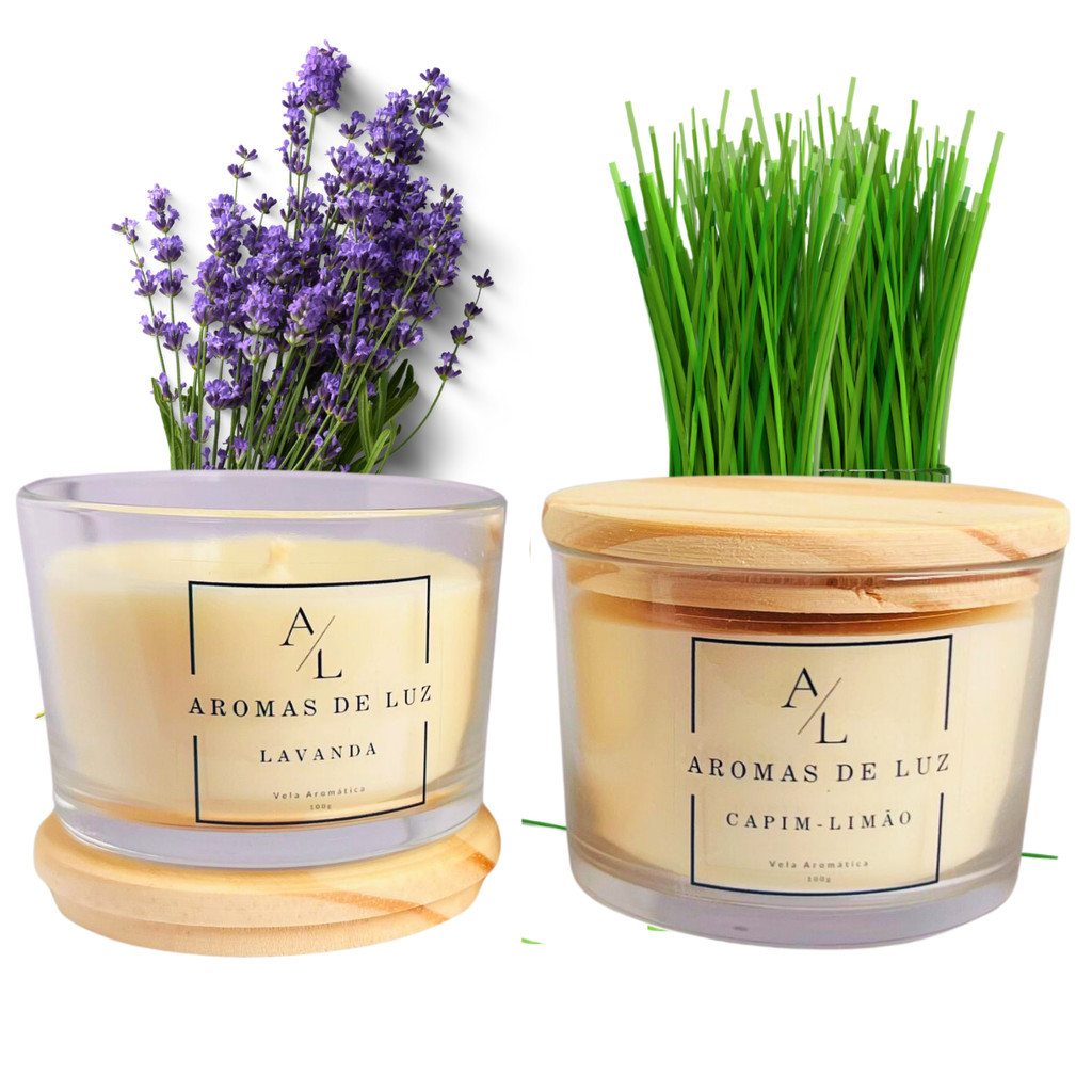 2 Velas Aromáticas Lavanda e Capim Limão 100% Vegana Premium