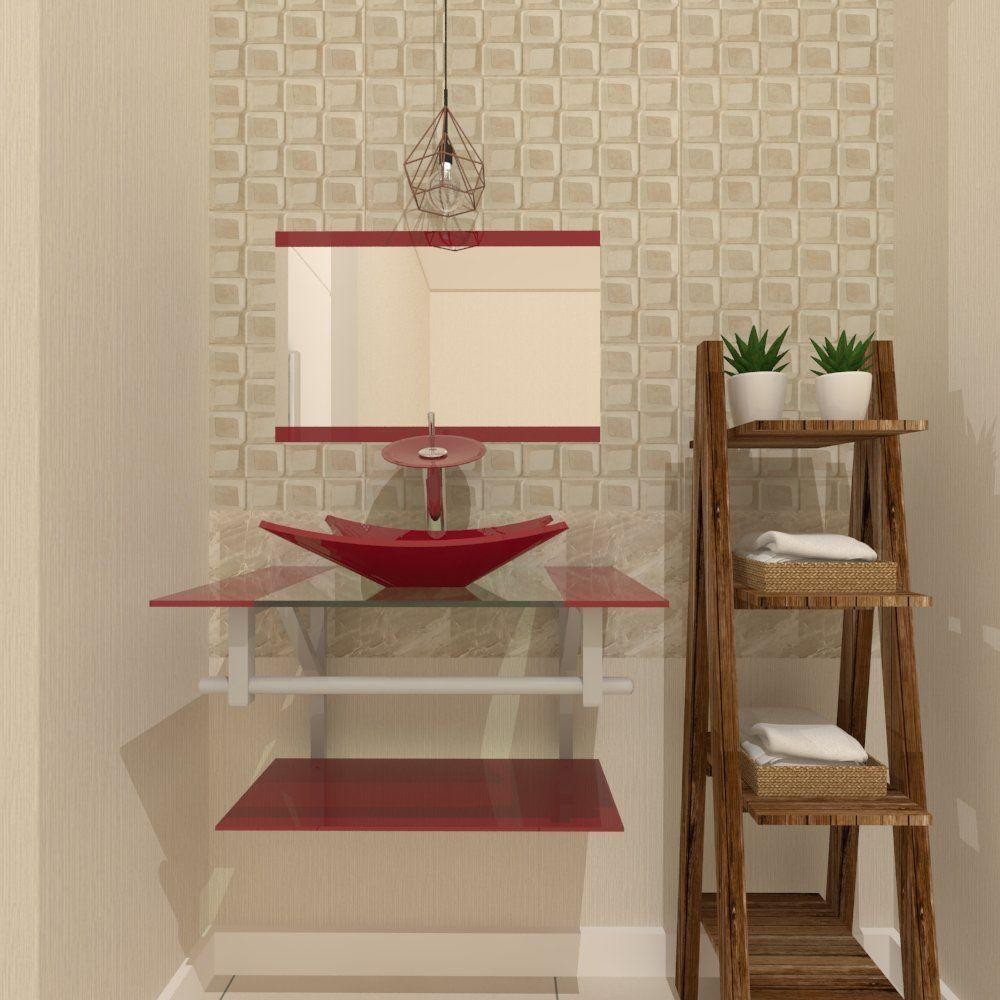Gabinete de Vidro 60cm com Cuba Retangular Vermelho Cereja - Home & Living