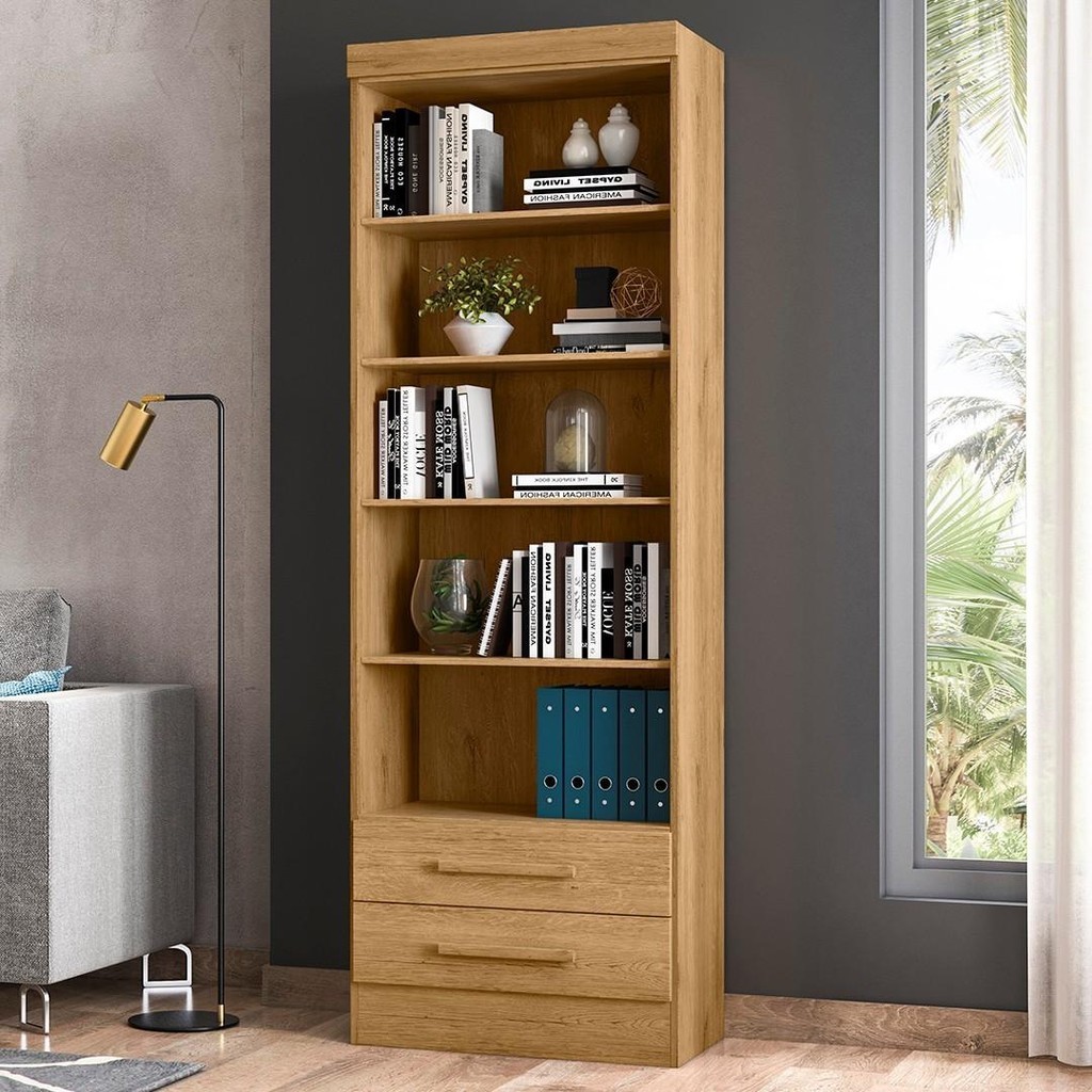 Estante Livreiro Multiuso 2 Gavetas Com Prateleiras Freijó - Qmovi em Oferta na Shopee