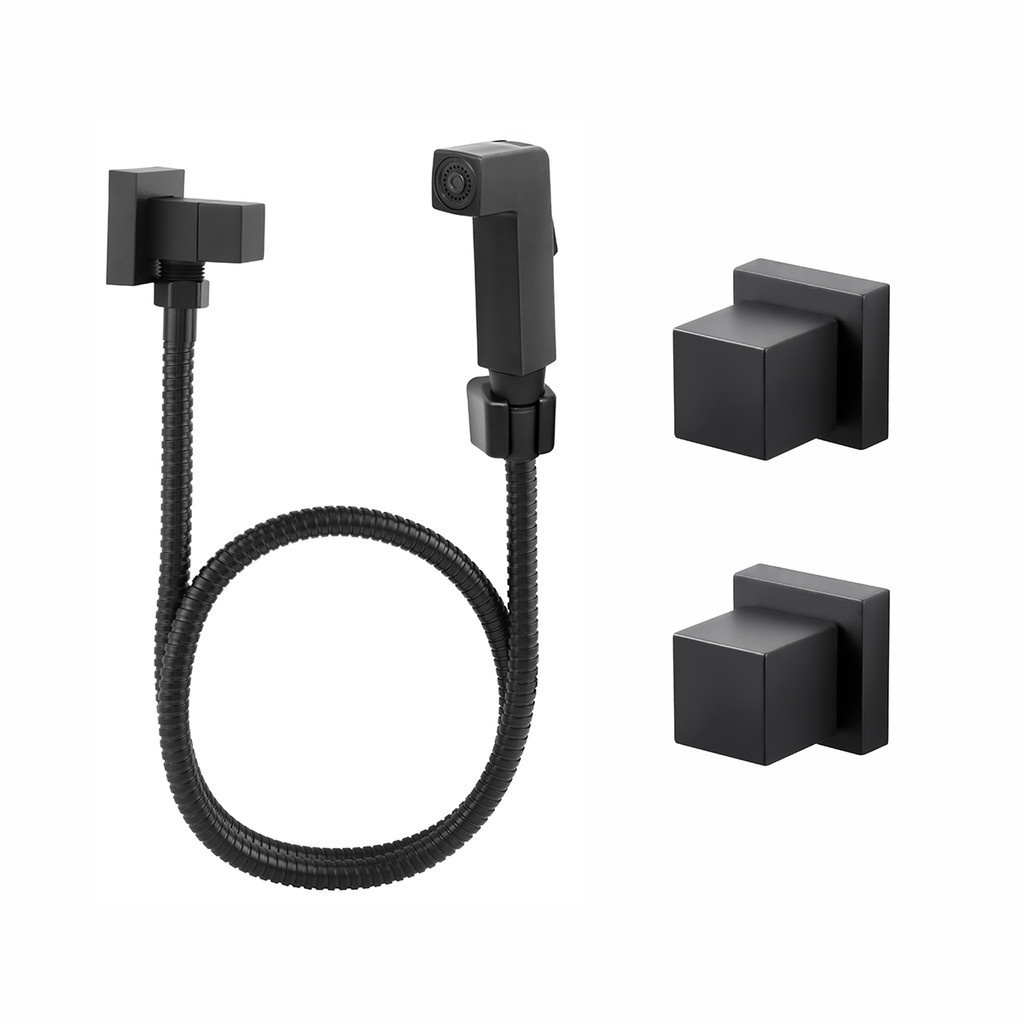 Ducha Higienica Quadrada Luxo Preto Fosco + 2 Acabamentos Para Registro Deca Preto Fosco