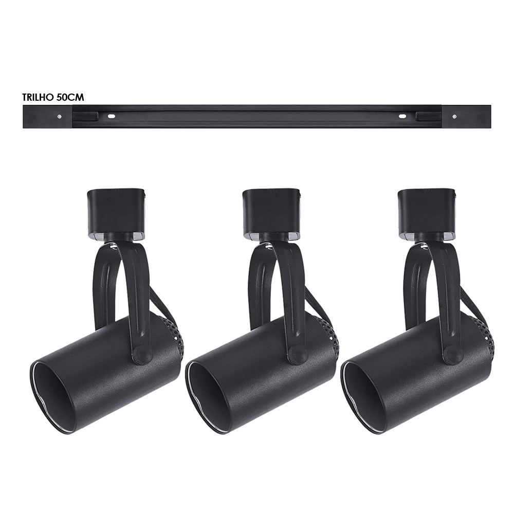 Kit trilho 50cm + 3 spots GU10/MR16 Preto Residencial, Comercial, Área de lazer (Troca lâmpada)