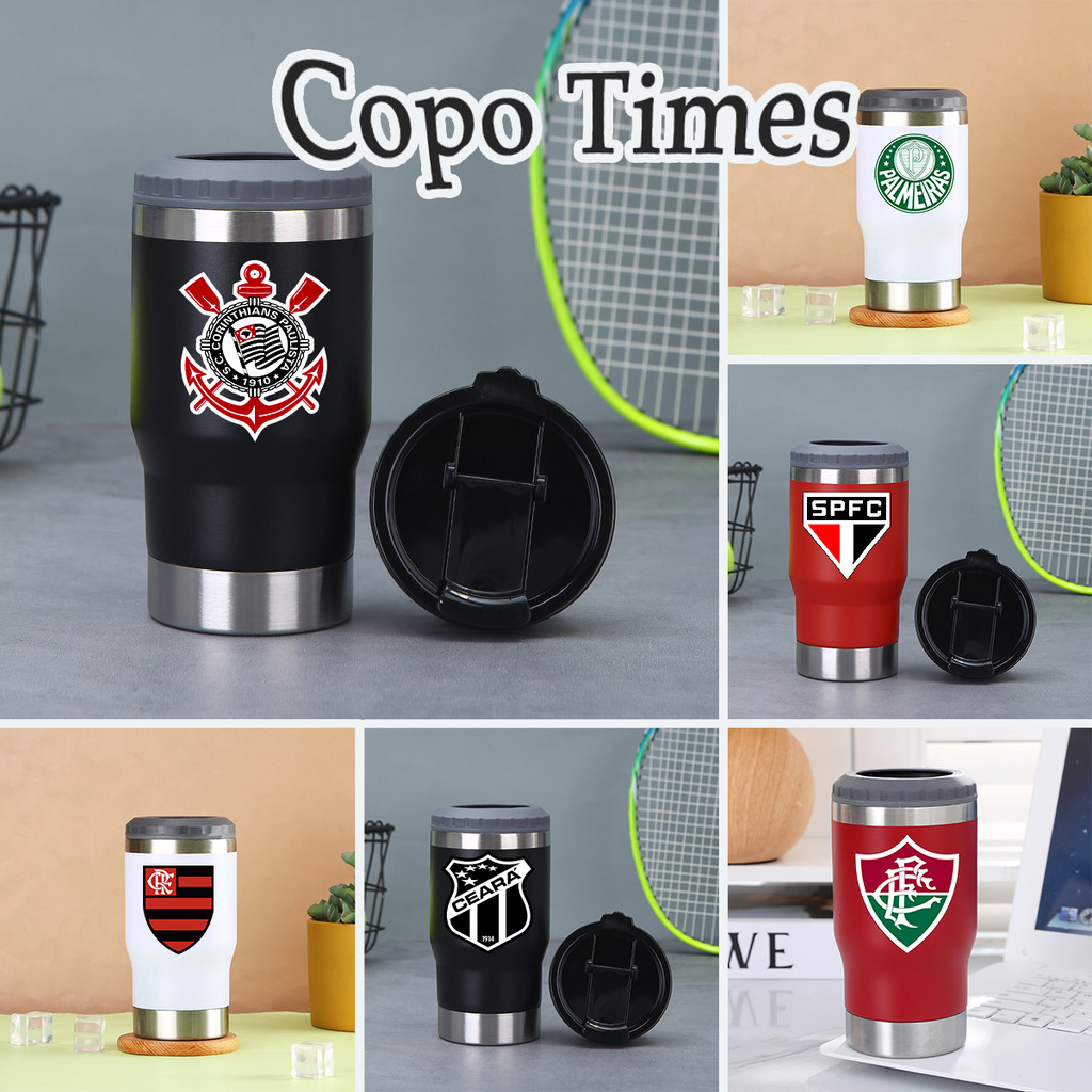 Copo Térmico Times Porta Latinha Long Neck Aço Inox Com Tampa Dupla Cerveja 420ml