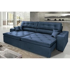Sofá Austin 2,02m Retrátil, Reclinável com Molas no Assento e Almofadas, Suede Azul Cama inBox