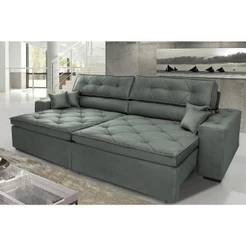 Sofá Austin 3,02m Retrátil, Reclinável com Molas no Assento e Almofadas, Suede Grafite Cama inBox
