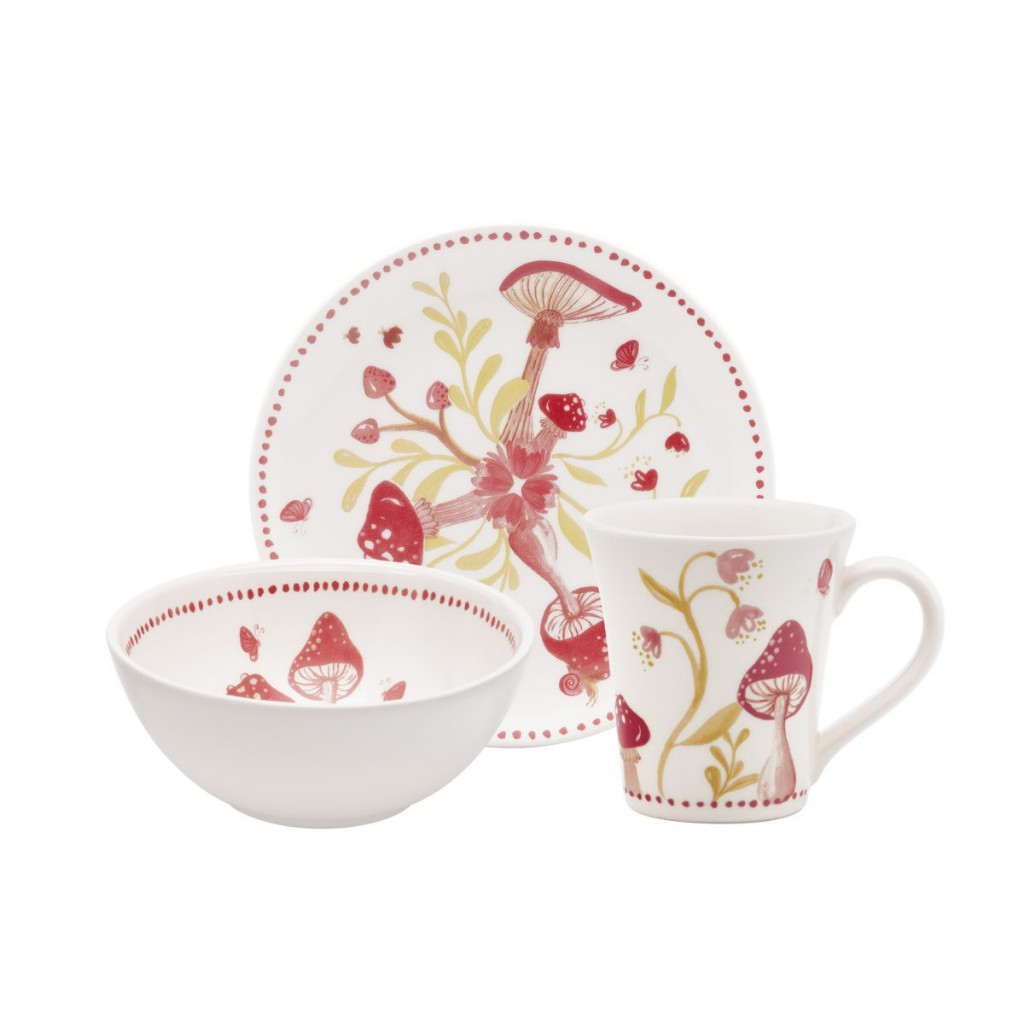 Conjunto Lanche 3 Peças Cogumelos Cerâmica Oxford