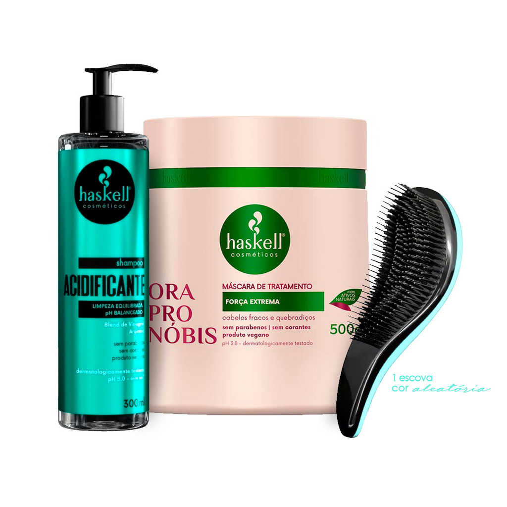 Shampoo Acidificante Haskell + Máscara Ora Pro Nobis 500g + Escova