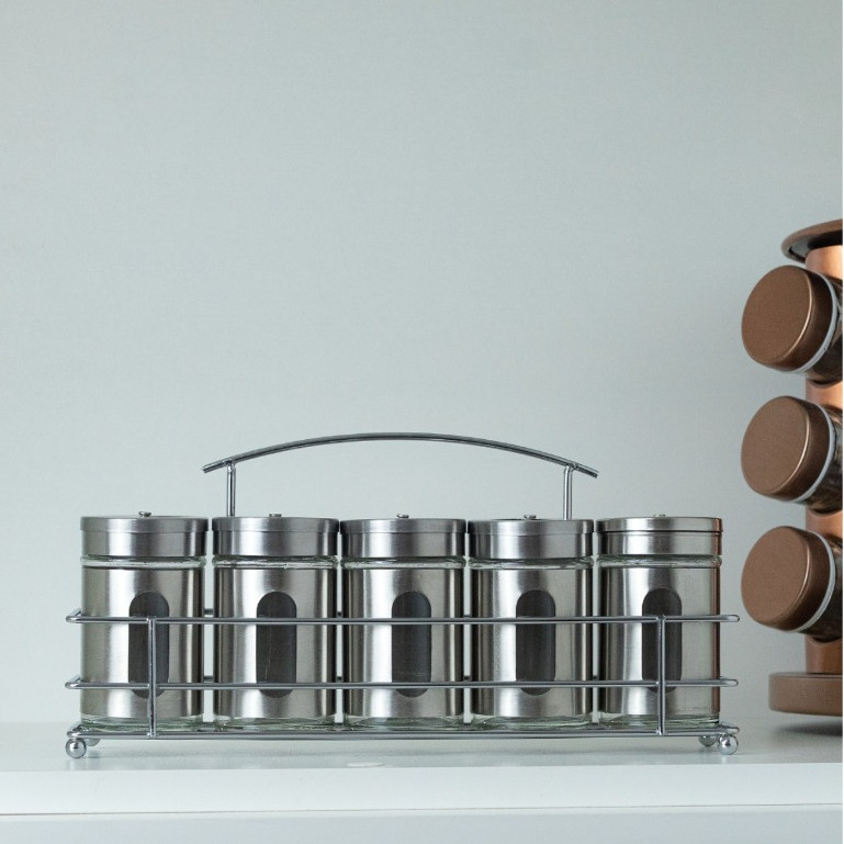 Porta Condimentos Temperos Inox 5 Pçs Com Suporte inox
