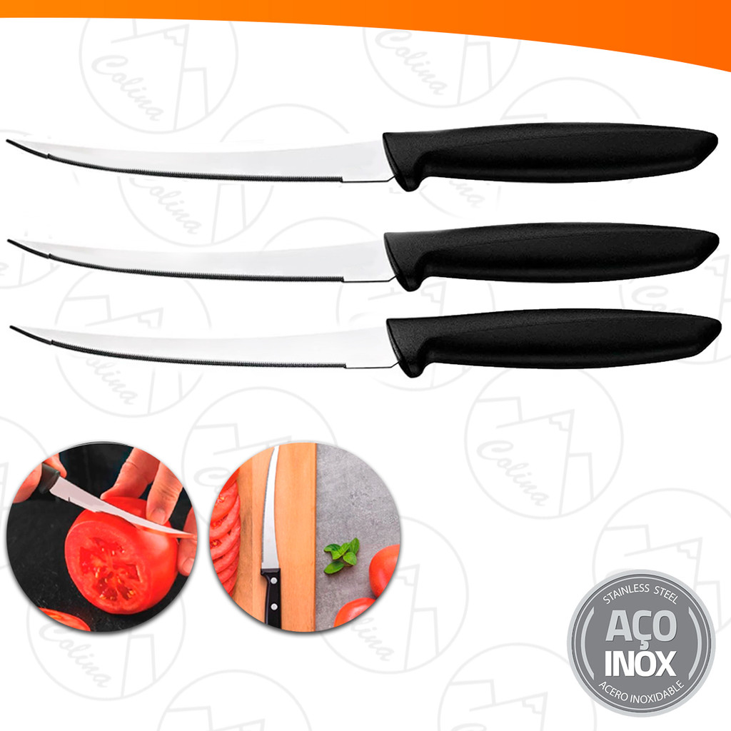 Kit 3 Facas Para Tomate Aço Inox Legumes Chef Profissional 5'' Cor:Inox