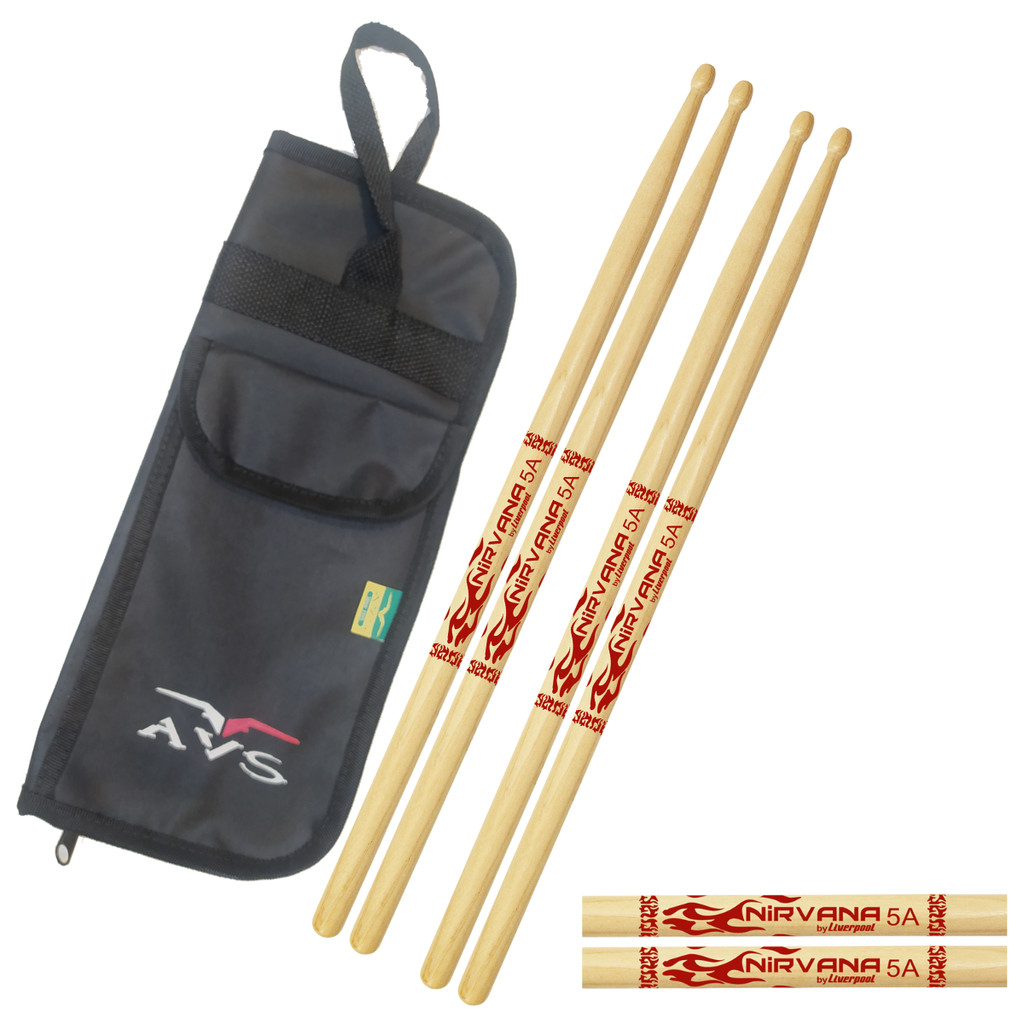 Kit Baquetas 5A Nirvana 02 Pares Ponta de Madeira com Bag Baquetas Profissional