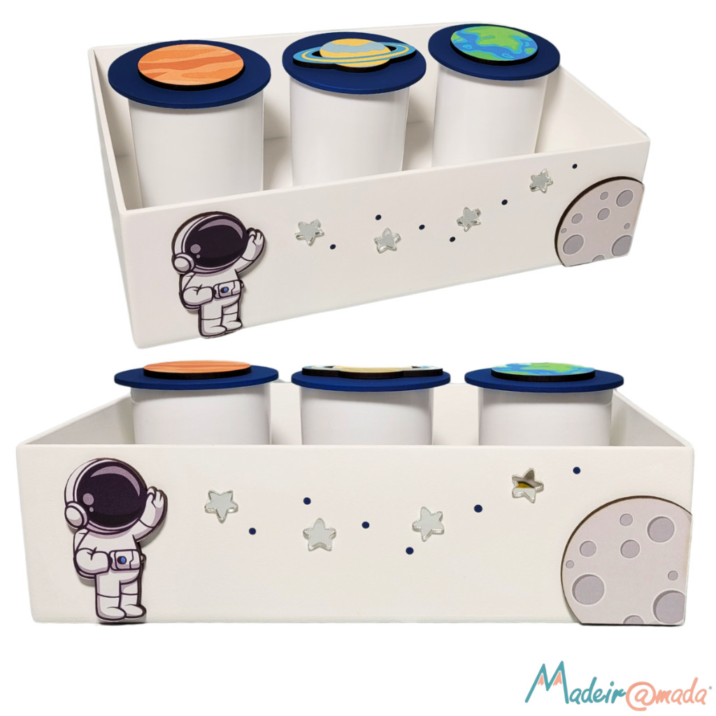 Kit Higiene 4 Peças Bebê Cesta Bandeja Astronauta Planetas Menino Potes Organizadores