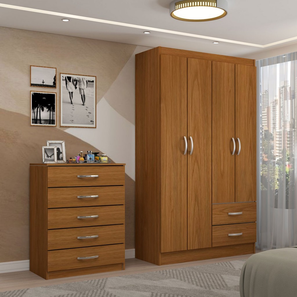 Guarda-Roupa Solteiro Lucy 4 Portas 2 Gavetas com Cômoda 5 Gavetas em Oferta na Shopee