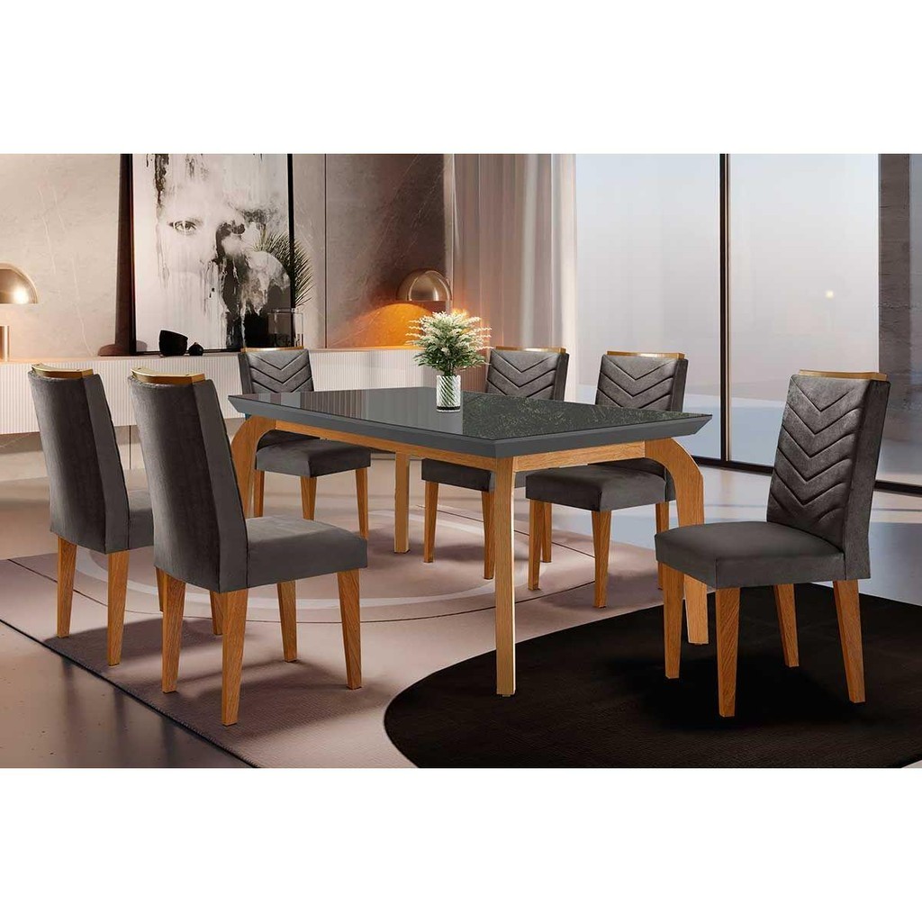 Sala de Jantar Completa Londrina Tampo Madeirado c/ Vidro Curvo 180x90 e 6 Cadeiras Londrina Imbuia/Veludo Grafite - Rufato em Oferta na Shopee