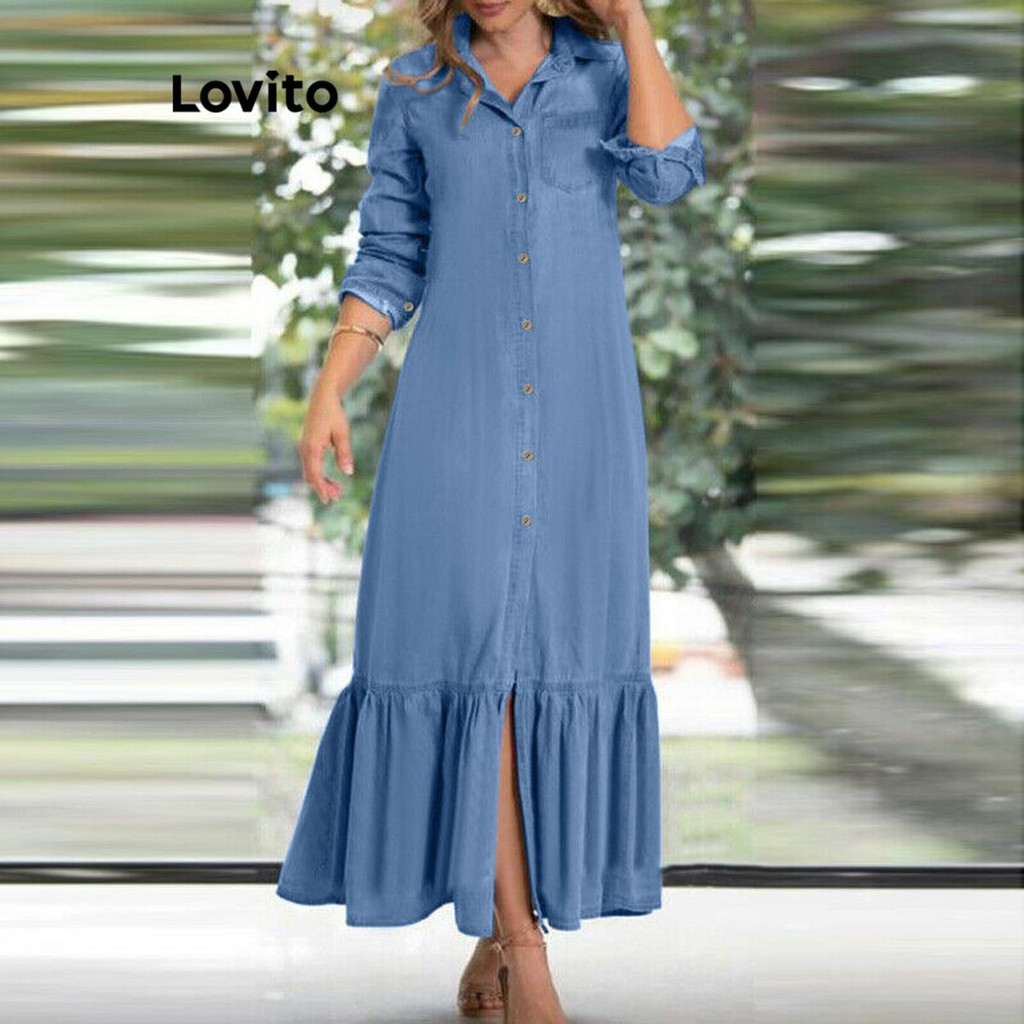 Lovito Vestido jeans casual com botão liso e bainha com babados para mulheres LNL67381