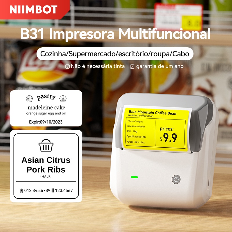 Niimbot B3S/B31 Etiqueta Impressora Sem Tinta Bluetooth Portátil Inteligente , Largura De Impressão De 20mm A 75mm em Oferta na Shopee