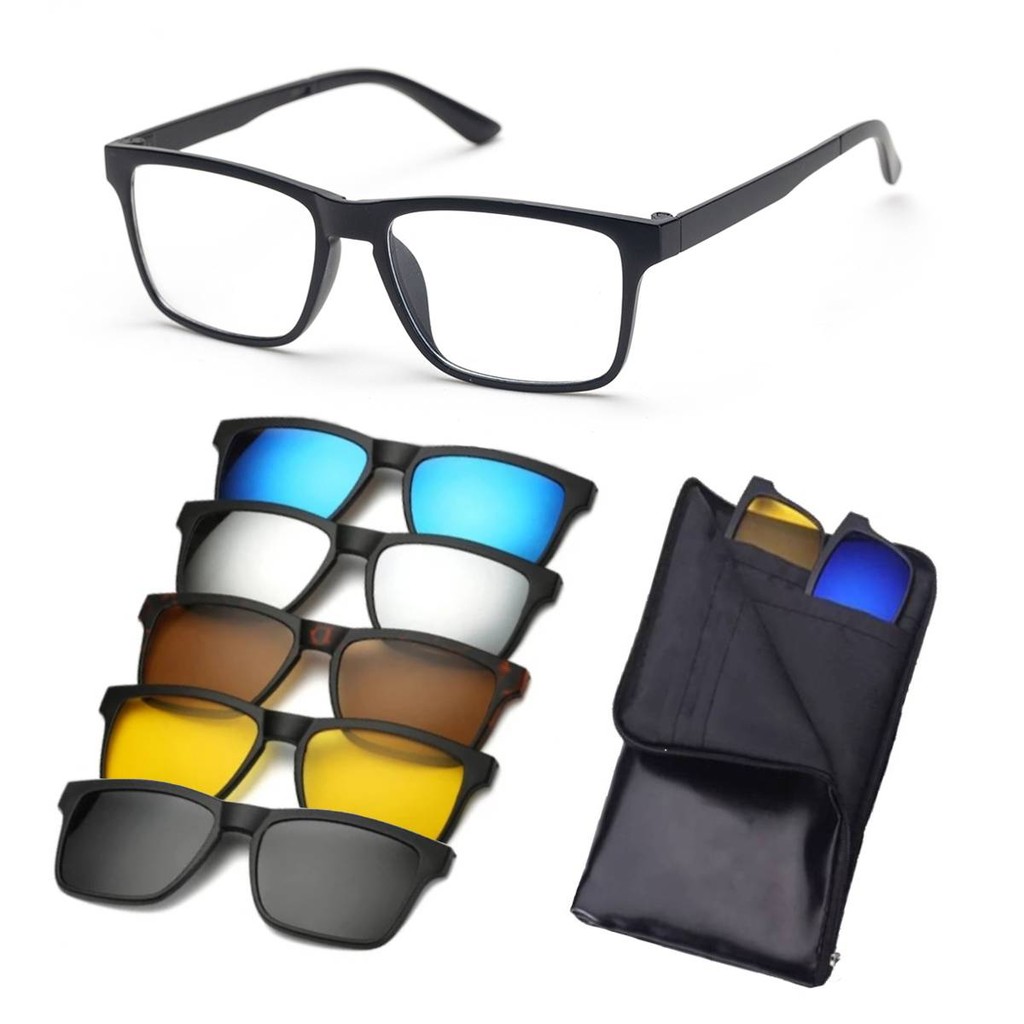 Armação Oculos De Grau Clip On 6 em 1 Oculos de Sol Masculino Polarizado Preto Quadrado Troca Lentes Espelhadas Mod 2202
