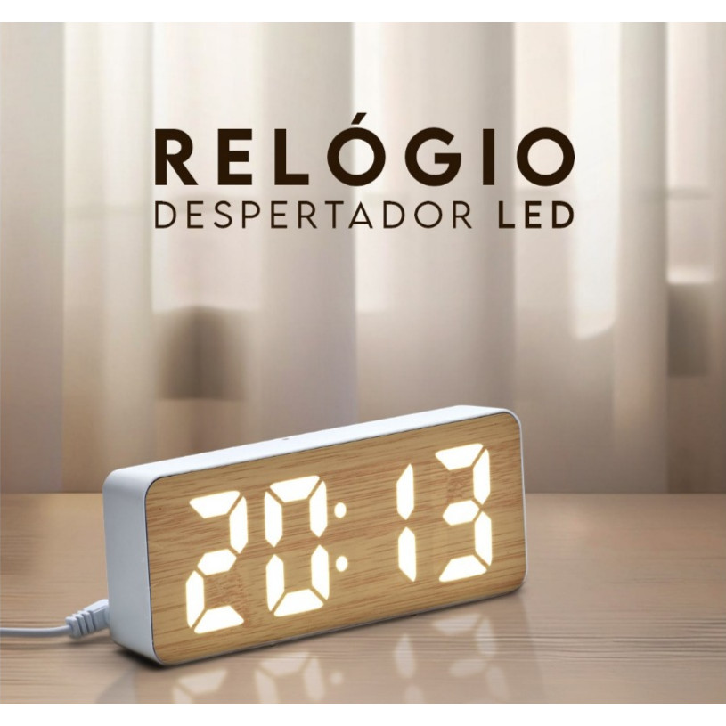 Relógio Despertador Digital LED em Bambu Design Moderno com Exibição de Hora