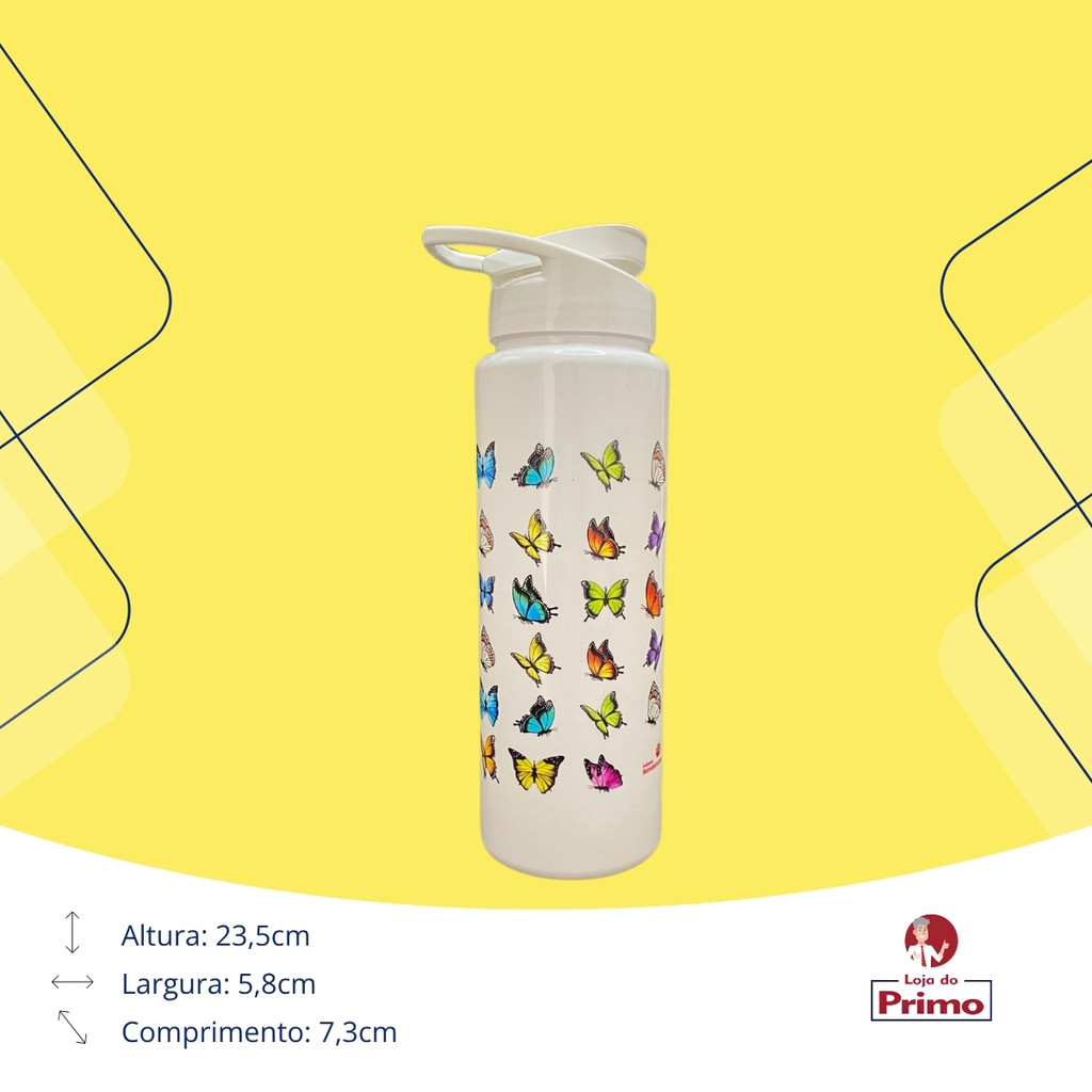 Detalhes do Garrafa Garrafinha de Água Infantil Squeeze Borboletas 750ml Branca Bandeirante