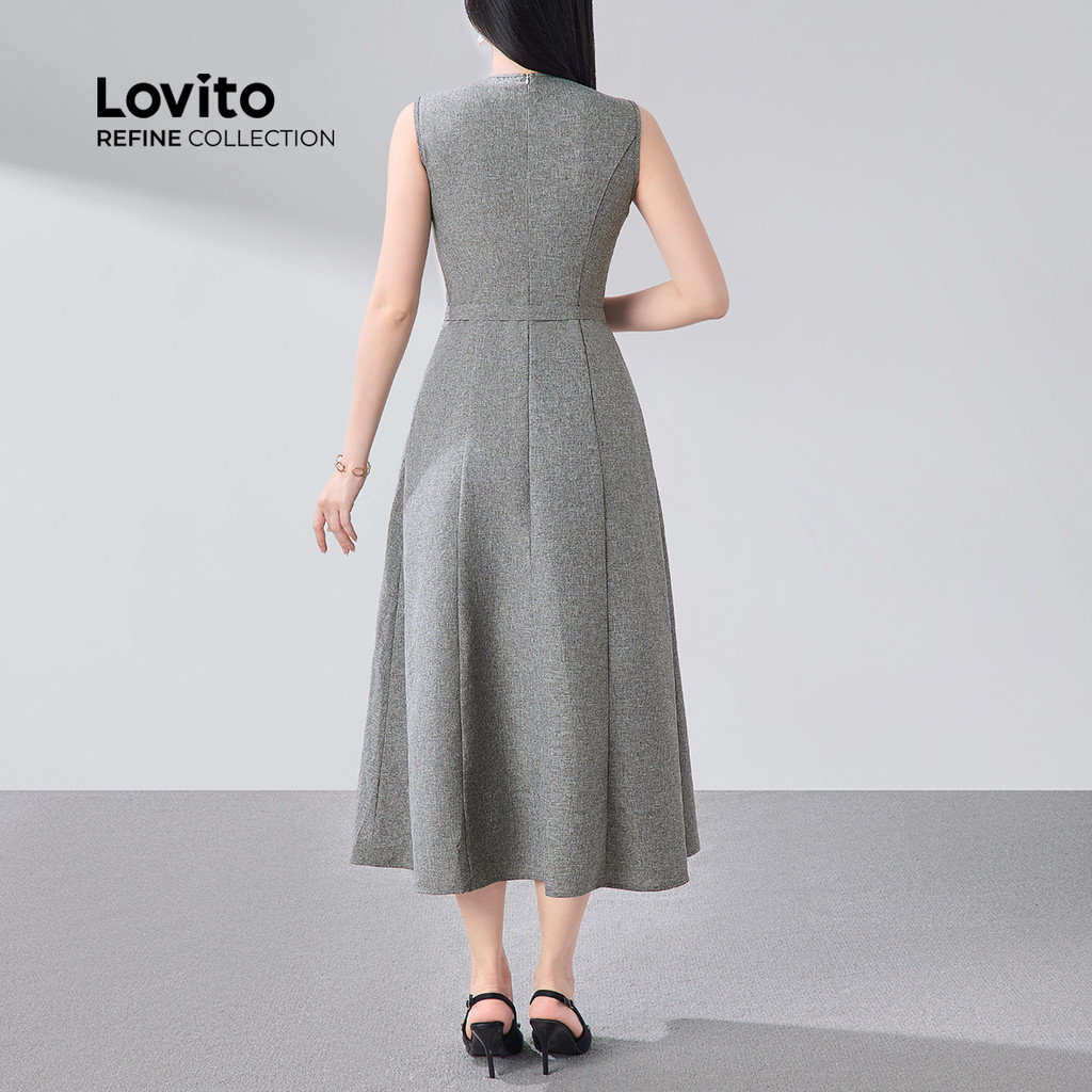 Detalhes do (Lovito Refine) Vestido Elegante Linha Estrutura Retrô Sem Rugas Vestido Primavera/Verão Para Mulheres LR12E047