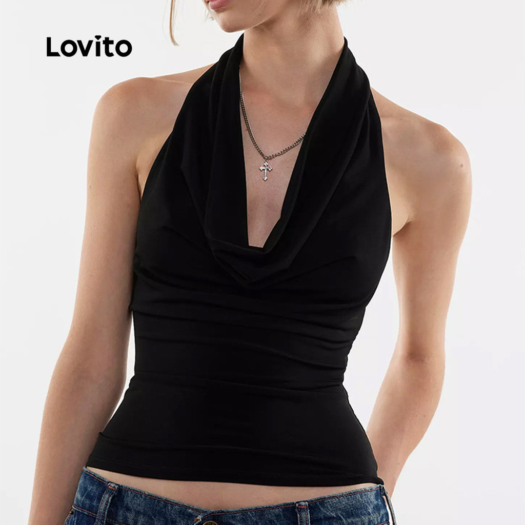 Lovito Camiseta Casual Sem Costas de Toque Macio para Primavera/verão Preta para mulheres LNL105458 - Women Clothes