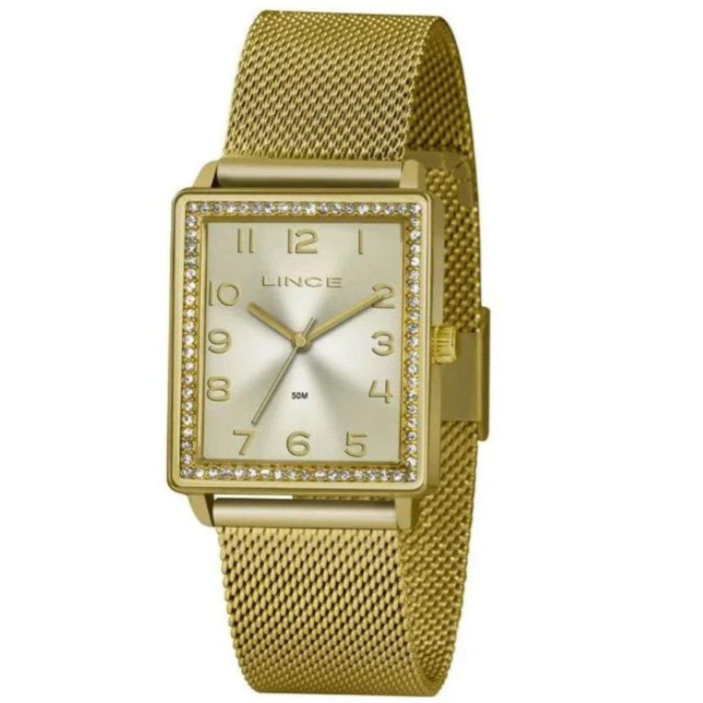 RELÓGIO LINCE FEMININO QUADRADO DOURADO COM CRISTAIS LQG4665L C2KX