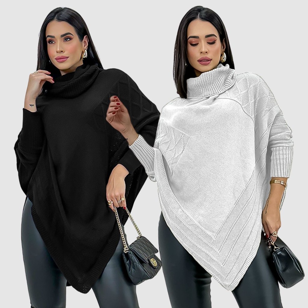 Kit 2 Blusa Alongada Poncho Manga Longa Gola Alta Tricot Inverno Frio Blogueira Lançamento