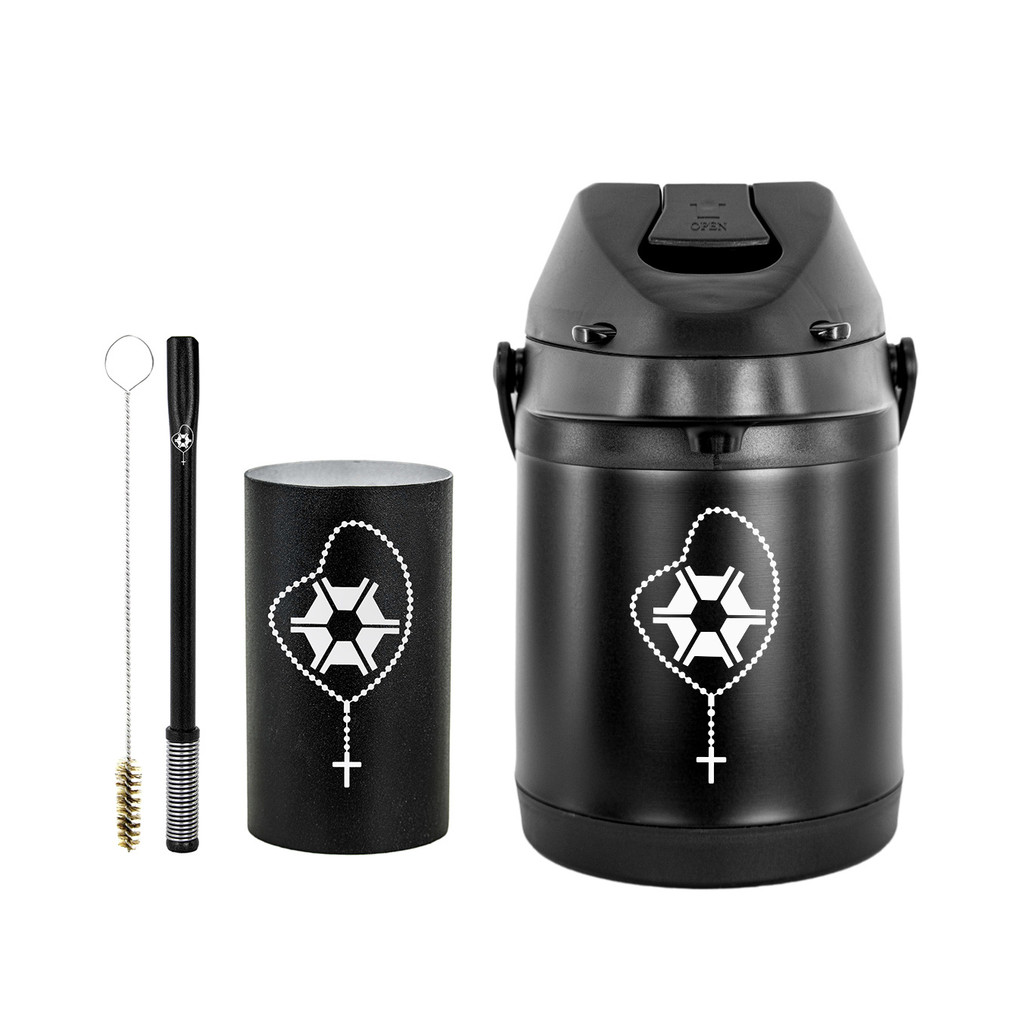 Kit Tereré Garrafa Térmica 2.5l Preta Bomba Preta Mola Externa Preta Copo Redondo Preto