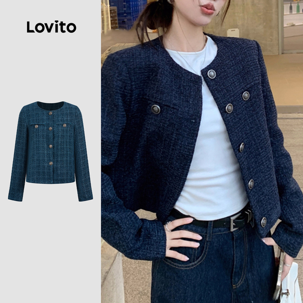 (Hot) Lovito Jaqueta Casual Com Padrão Liso Para Mulheres LNA79082 em Oferta na Shopee