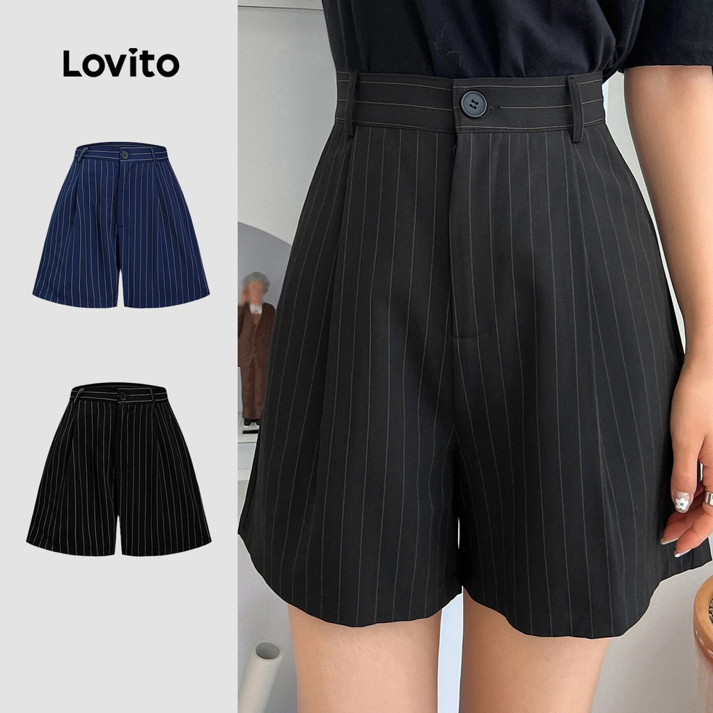 (Hot) Lovito Shorts Elegantes Com Bolso Listrado Para Mulheres L105MD634 em Oferta na Shopee