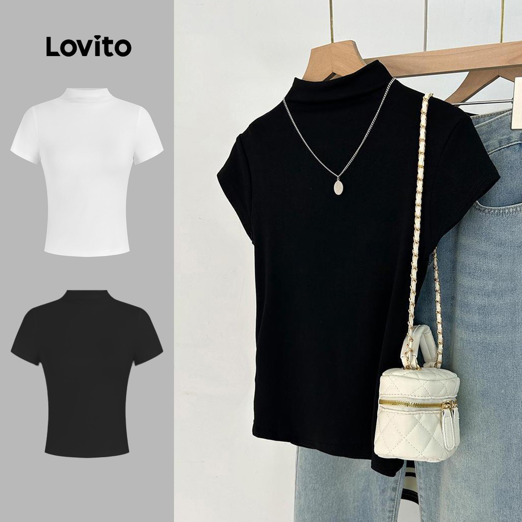 (Hot) Lovito Camiseta Casual Lisa De Gola Alta Para Mulheres LNE38015 (Preto) - Women Clothes