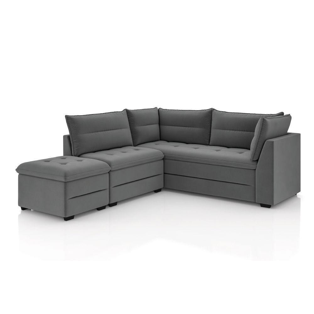 Sofá De Canto Com Puff Monte Do Seu Jeito Benfica Veludo Luizzi Cinza em Oferta na Shopee