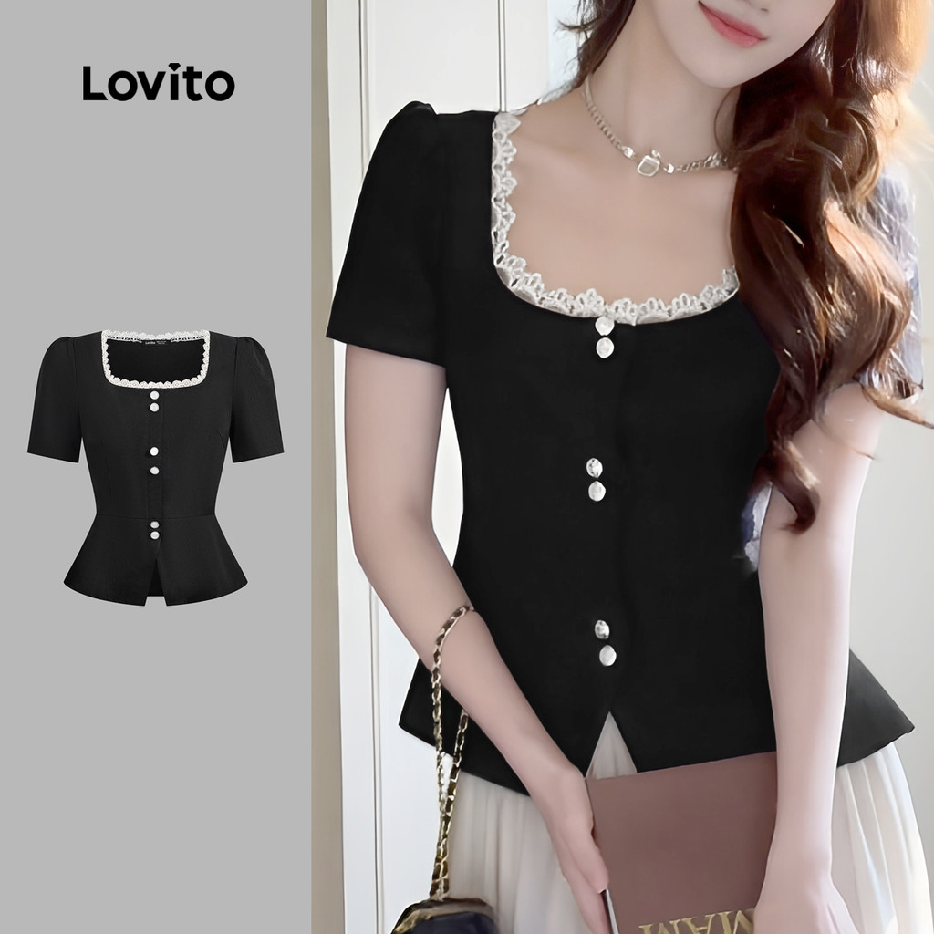 Lovito Blusa Elegante com Babado No Gola Botões e Fenda Primavera/verão Blusa Preta para mulheres L137ED258 em Oferta na Shopee